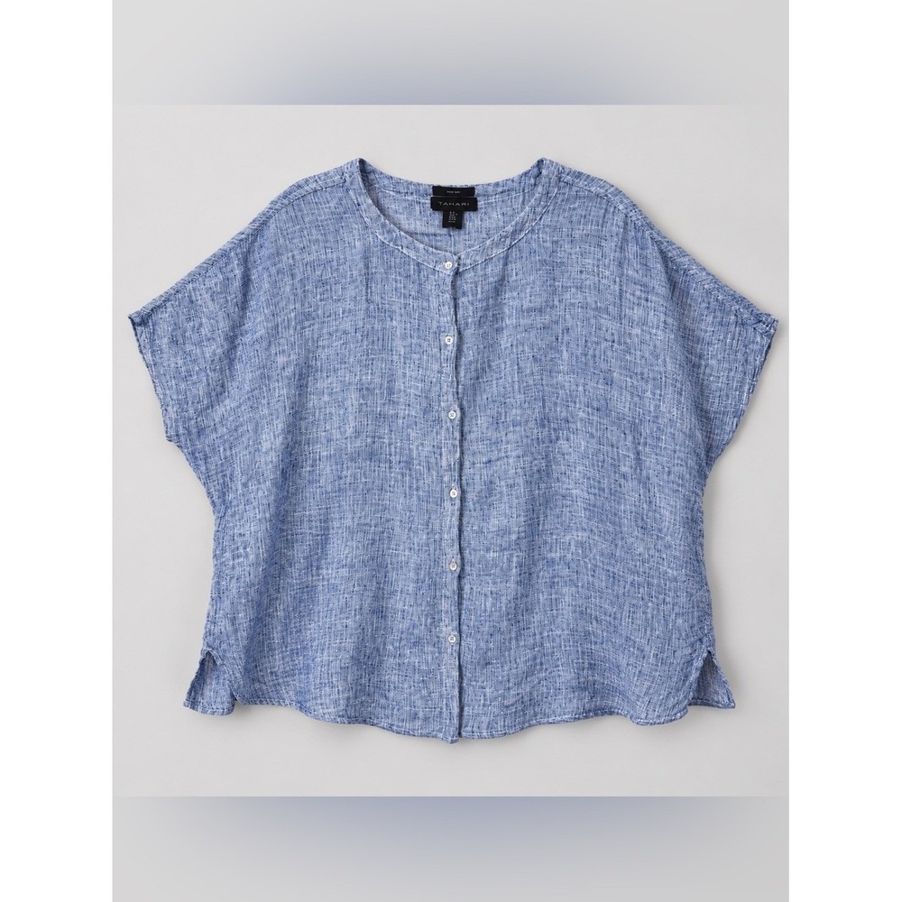 Tahari 100% Linen Button Up Top Medium Coastal Euro Summer Fisherman Lagenlook